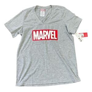 NWT Marvel Women's Gray V-Neck Short Sleeve Logo Graphic Tee Shirt Size M